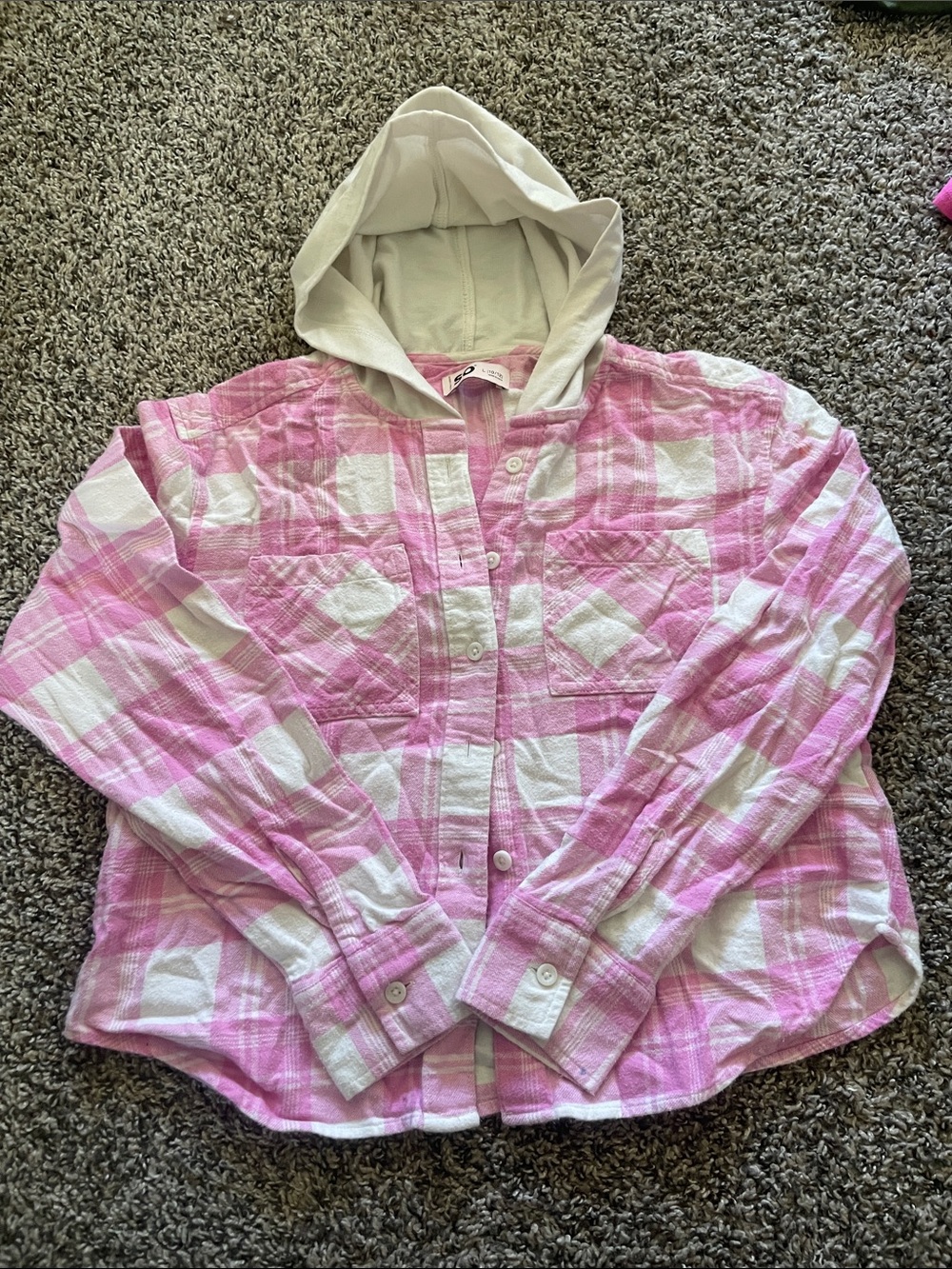 SO Pink and White Plaid Hooded Button-Up Sweater Jacket